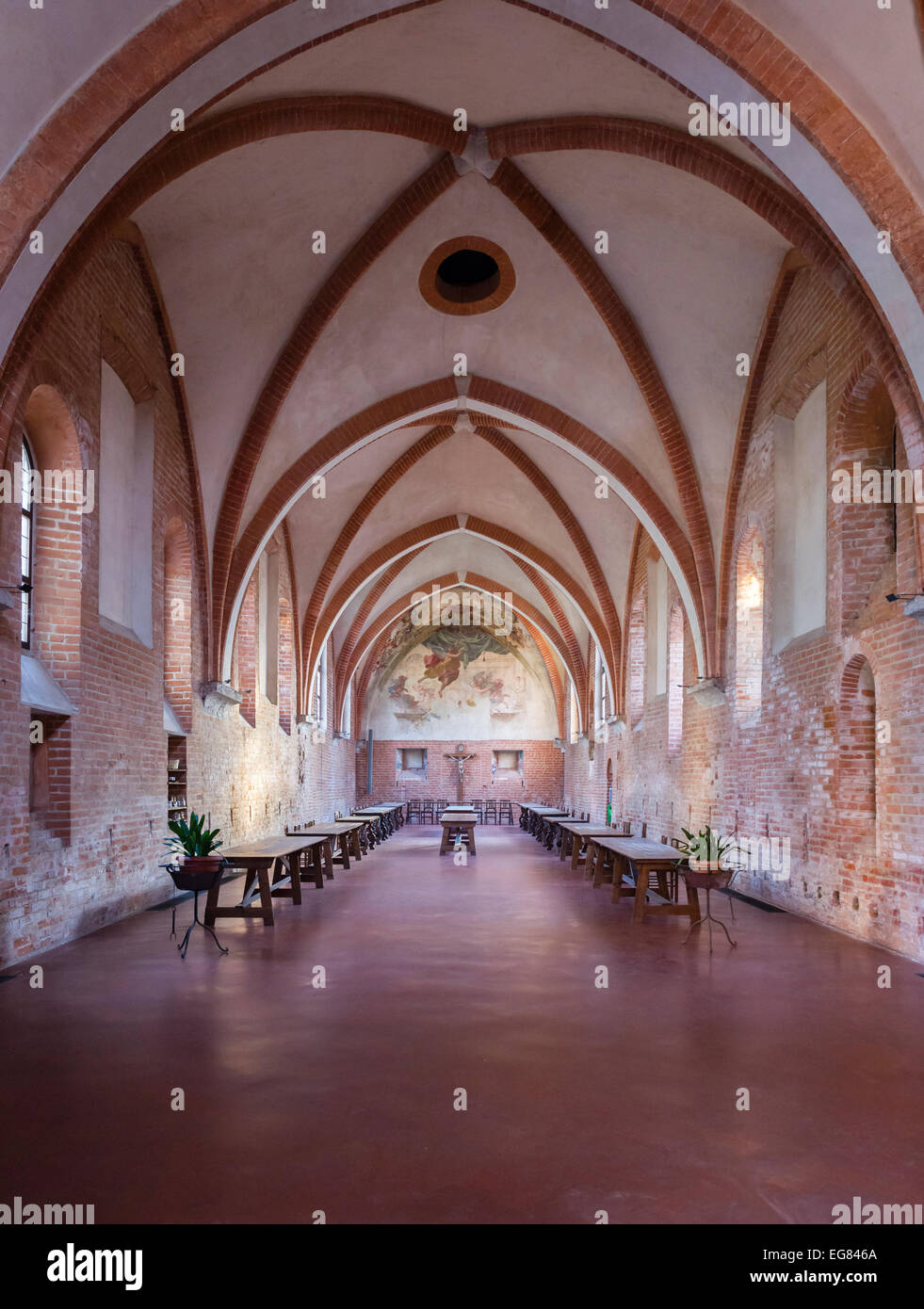 Refectory, dining room, Gothic, Cistercian Abbey, Chiaravalle Abbey, Abbazia Chiaravalle Milanese, Rogoredo, Milan, Lombardy Stock Photo
