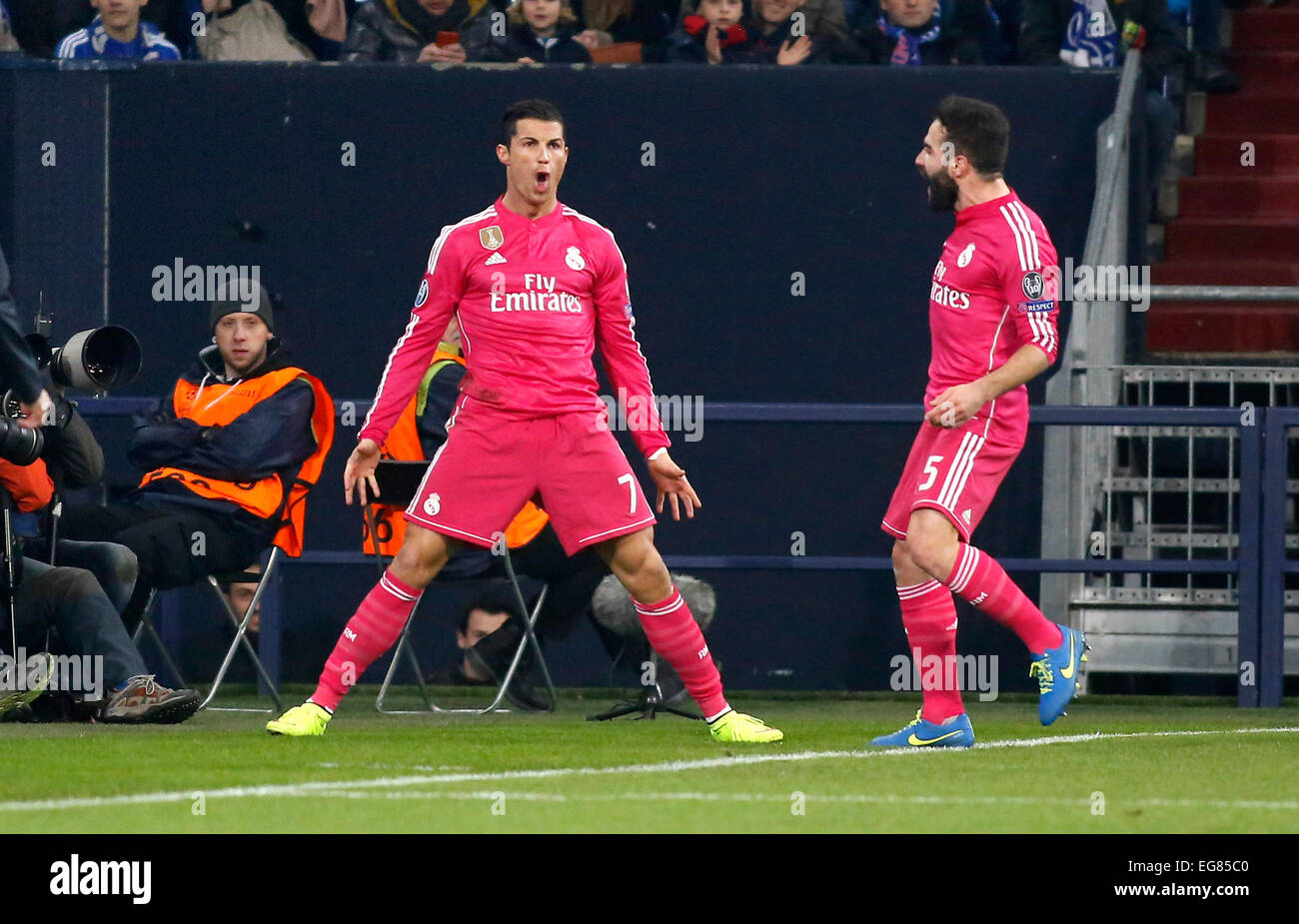 Gelsenkirchen, Germany. 18th Feb, 2015. Cristiano Ronaldo (Real Madrid) (L) celebrates scoring the 1:0 with Fabio Coentrao (Real Madrid) during the Champions League match between FC Schalke 04 and Real Madrid, Veltins Arena in Gelsenkirchen on February 18., 2015. Credit:  dpa picture alliance/Alamy Live News Stock Photo