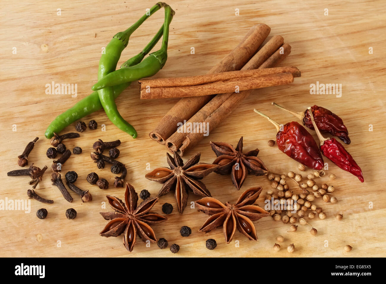 Spices star anise, green chili, pepper, cinnamon and other spices