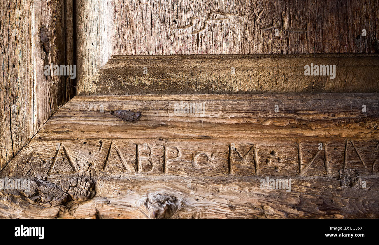 Close up of the wooden entrance gate of the Church of the Holy Sepulchre, Jerusalem Old City, Israel Stock Photo