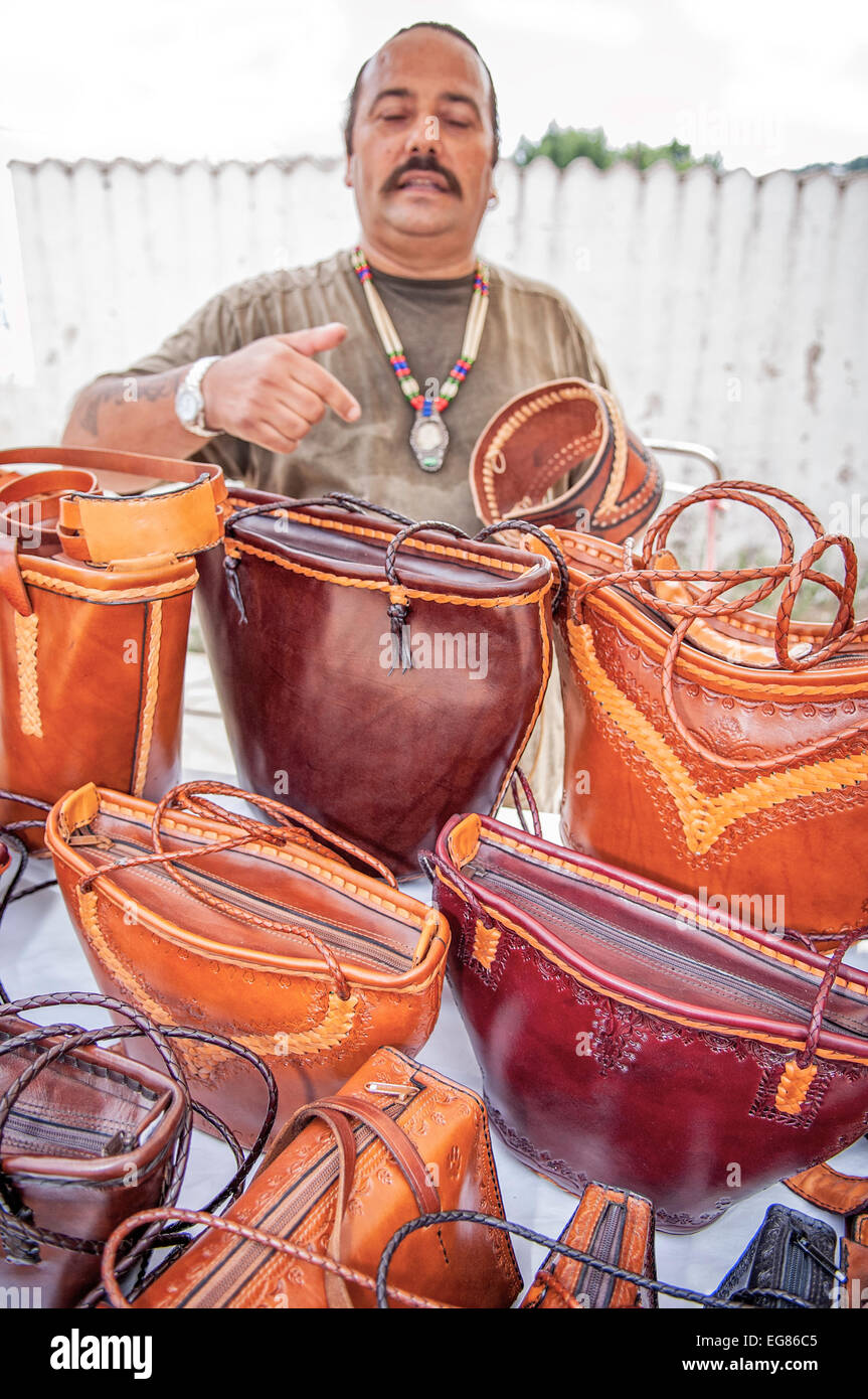 Leather  artisan San Miguel market Ibiza Stock Photo