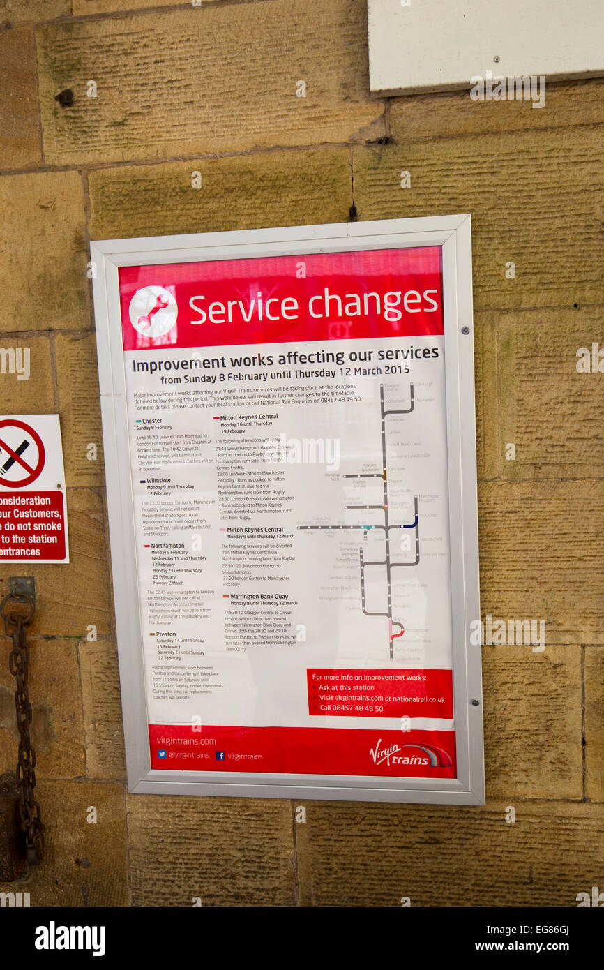 Service changes -warning of disruption due to improvements Virgin trains Stock Photo
