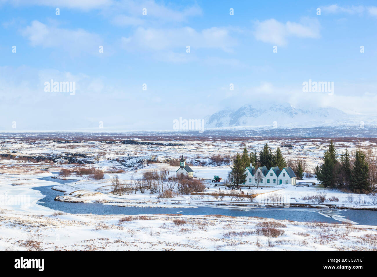 Þingvallabaer and River Oxara Þingvellir National Park in winter Iceland Europe Stock Photo