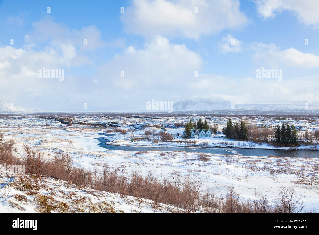 Þingvallabaer and River Oxara Þingvellir National Park in winter Iceland Europe Stock Photo