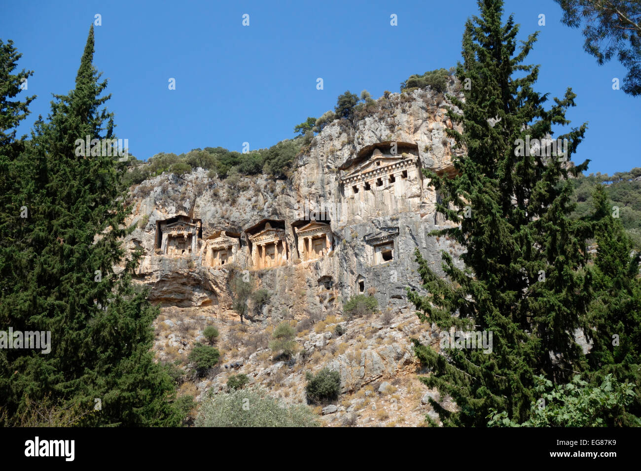 The Lycian rock tombs on the cliffs above the Dalyan river, Turkey Stock Photo