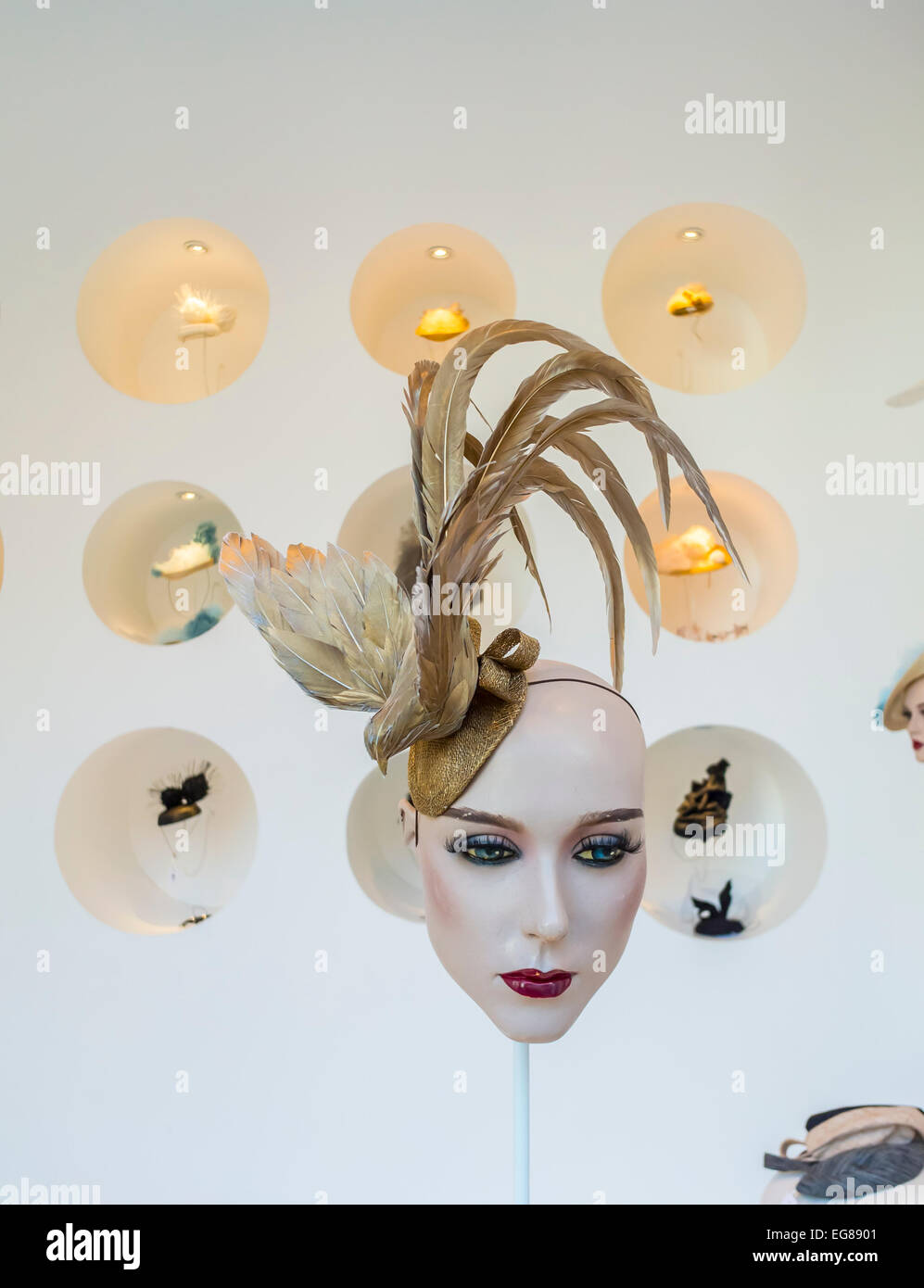 Berlin, Germany, Detail Shop Window Display, Fashion, German Hat Making Designer Store and Workshop, "Fiona Bennett", Mannequin Stock Photo