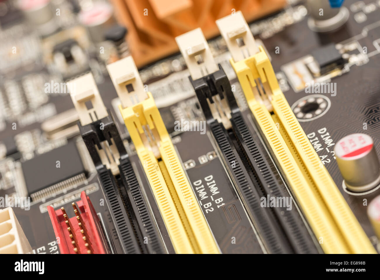 Memory Slots Close Up On Computer Motherboard Stock Photo