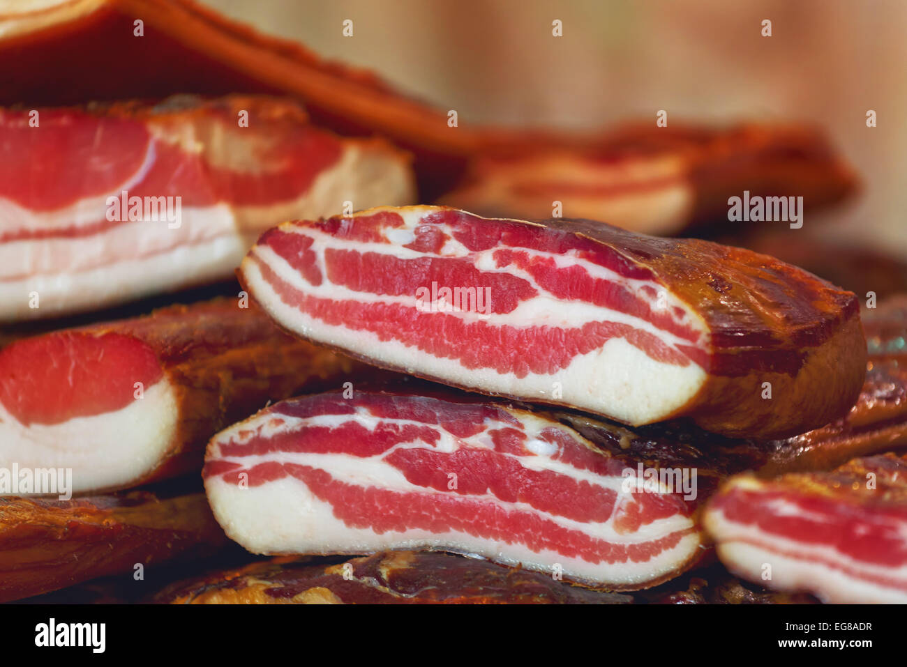 Cured Bacon Stack, Smoked and Preserved Pork Meat is Considered a