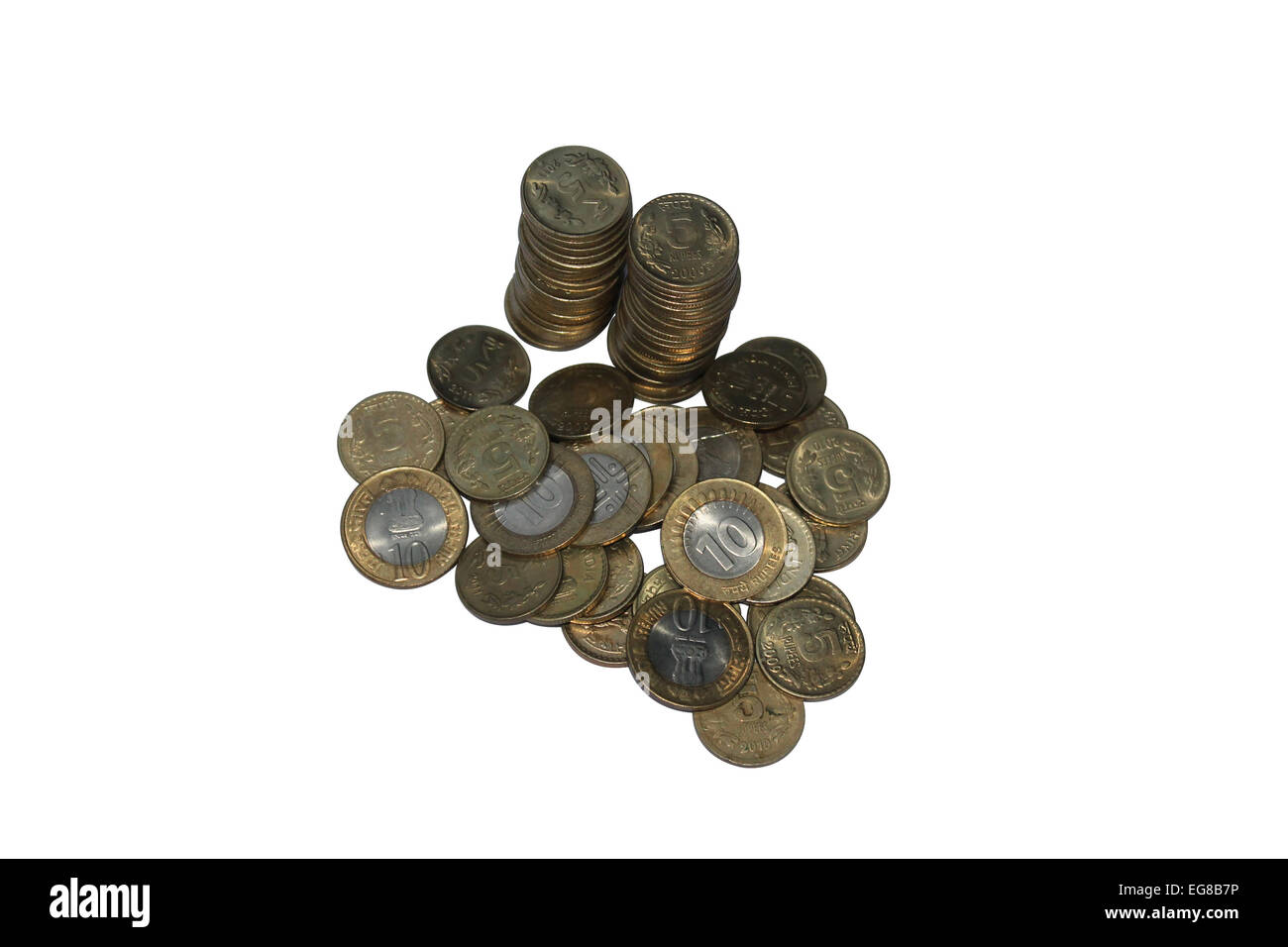 5 rupee and 10 rupee coins isolated on white background Stock Photo