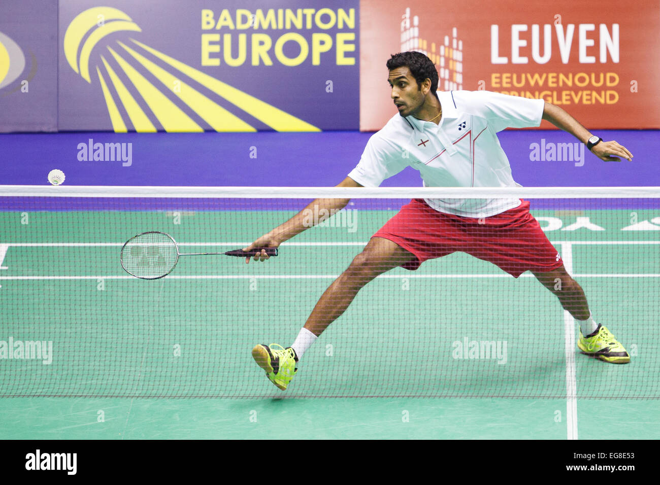 LEUVEN, BELGIUM, 14/02/2015. Badminton player Rajiv Ouseph (England, pictured) beats Vladimir Malkov (Russia) in the semi finals of the European Mixed Team Championships in Leuven, 2015. Stock Photo