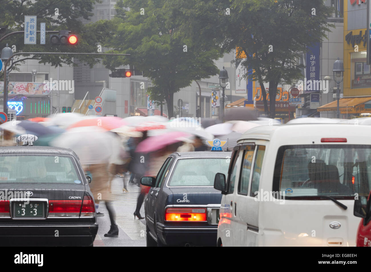 Commuters with umbrellas crossing the road on a rainy day, Shibuya ...