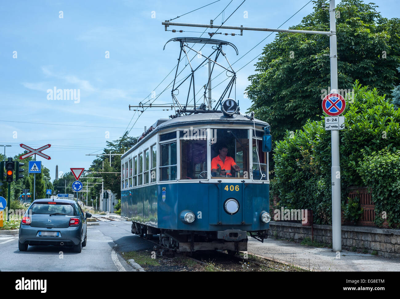 The Trieste–Opicina tramway (Italian: Tranvia Trieste-Opicina) is an unusual hybrid tramway and funicular railway in the city of Stock Photo