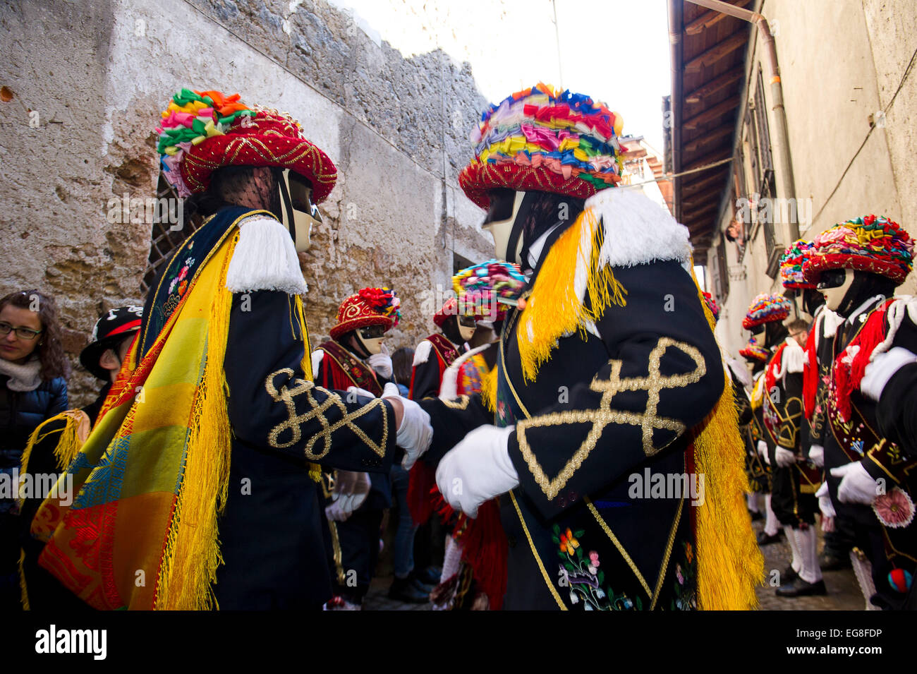 Italy, Lombardy, Carnival of Bagolino with masks dating back to the sixteenth century. The set dancing and dancing in the street Stock Photo