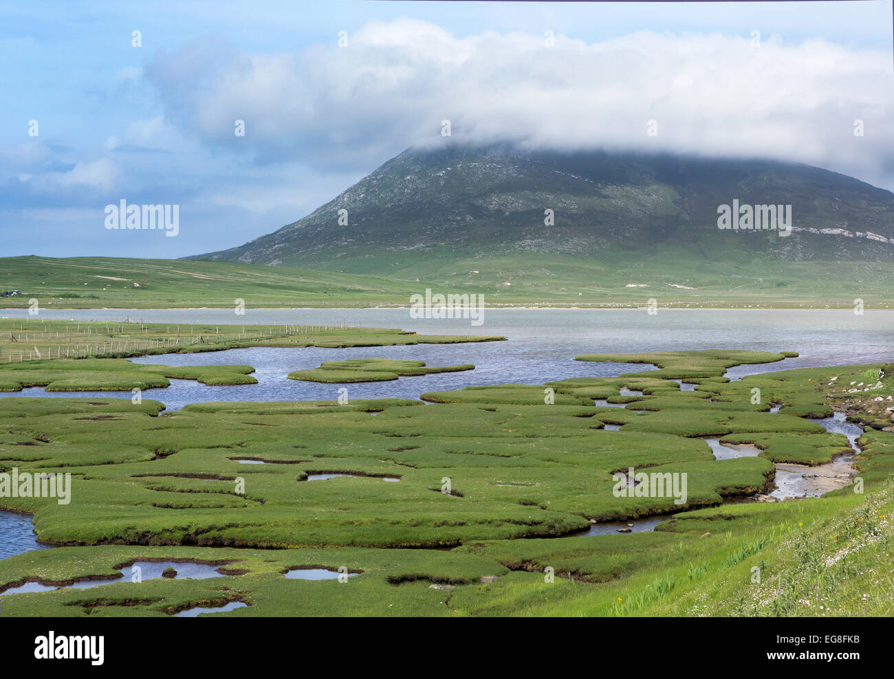 Ceapabhal hill and tital inlets or saltings at An Taobh Tuath or Northton on the Isle of Harris, Scotland. Stock Photo