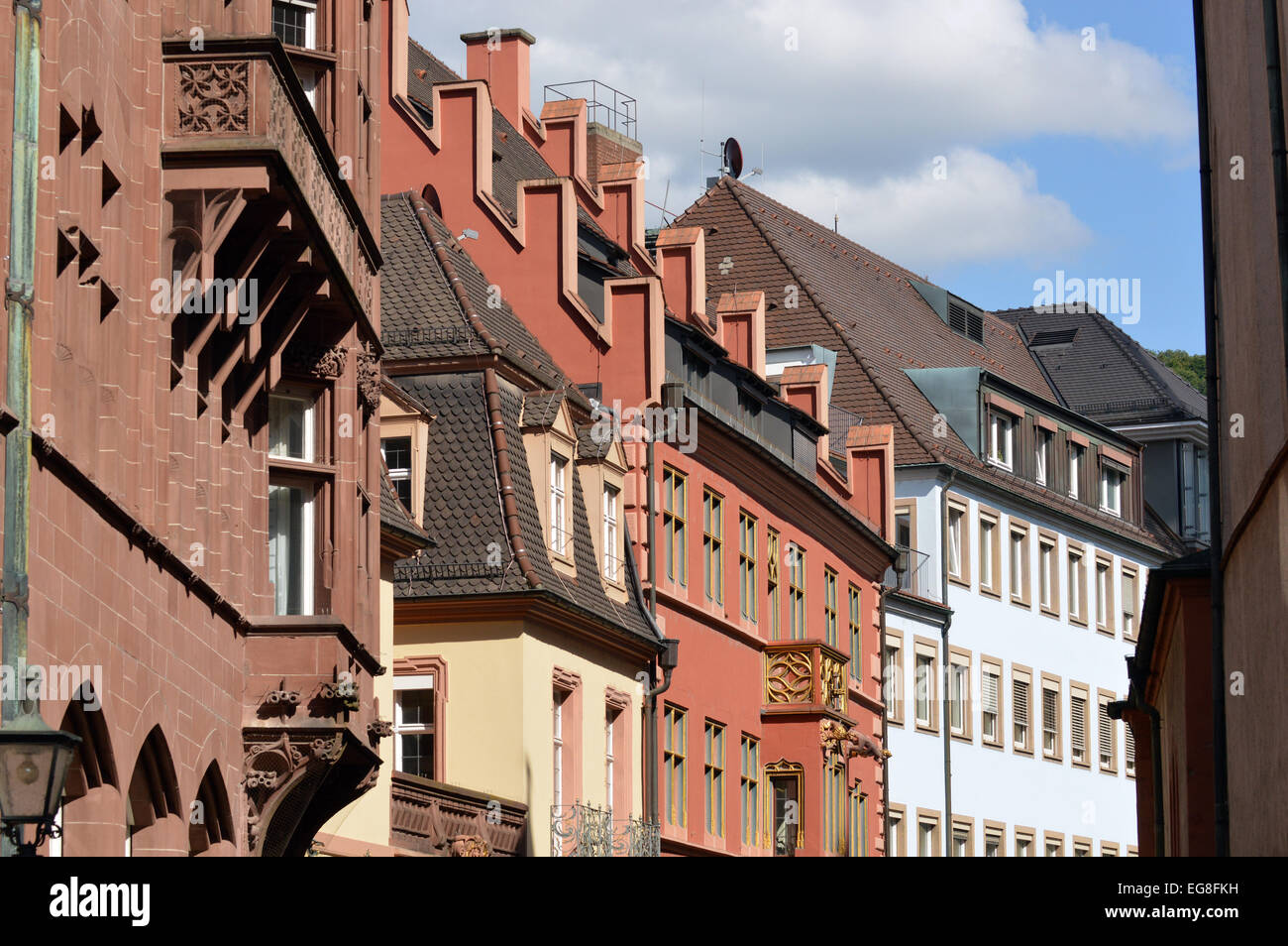 Various Facades of old inner-city buildings in Freiburg, Germany Stock Photo