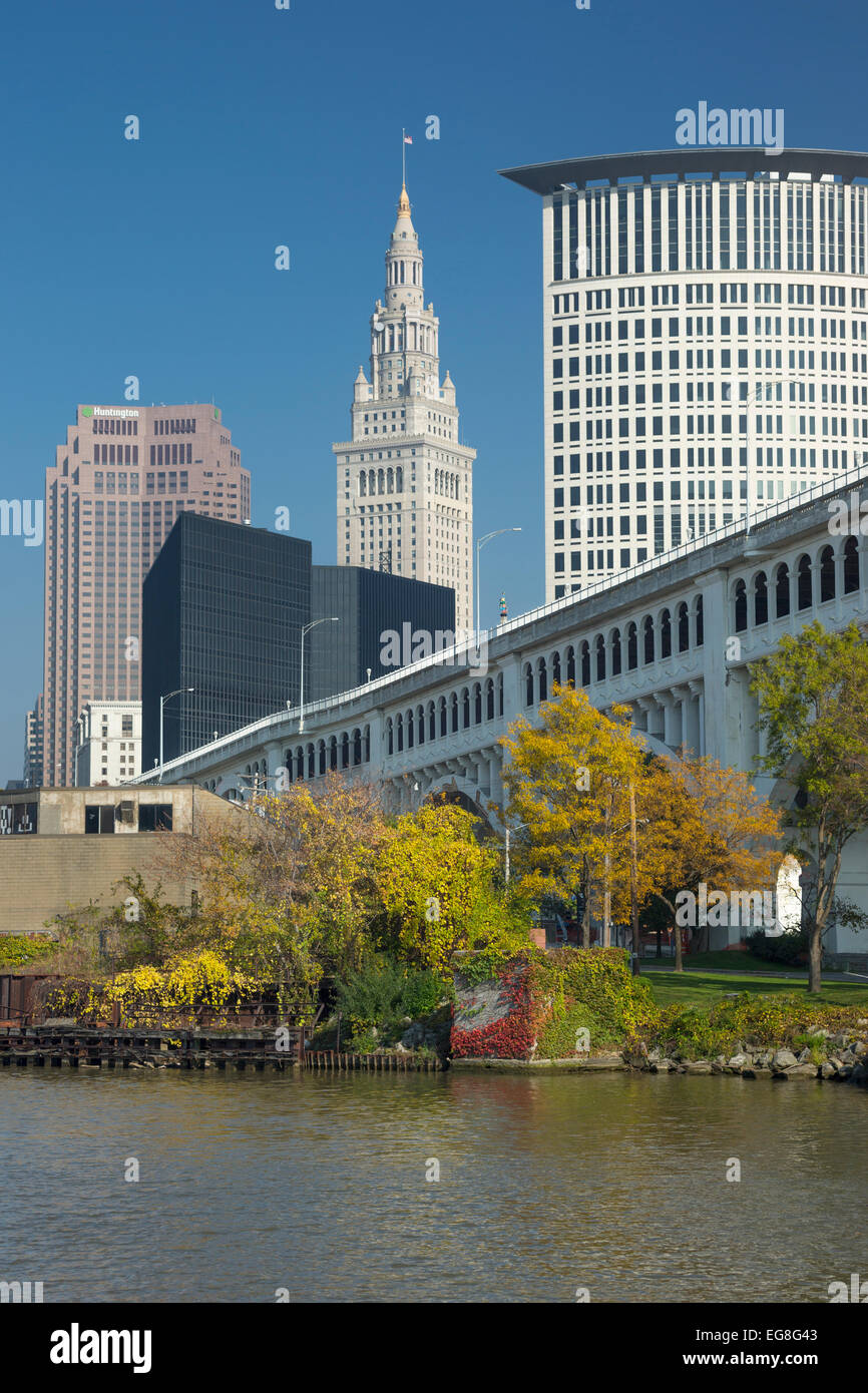 CUYAHOGA RIVER AT SETTLERS LANDING PARK DOWNTOWN SKYLINE CLEVELAND OHIO
