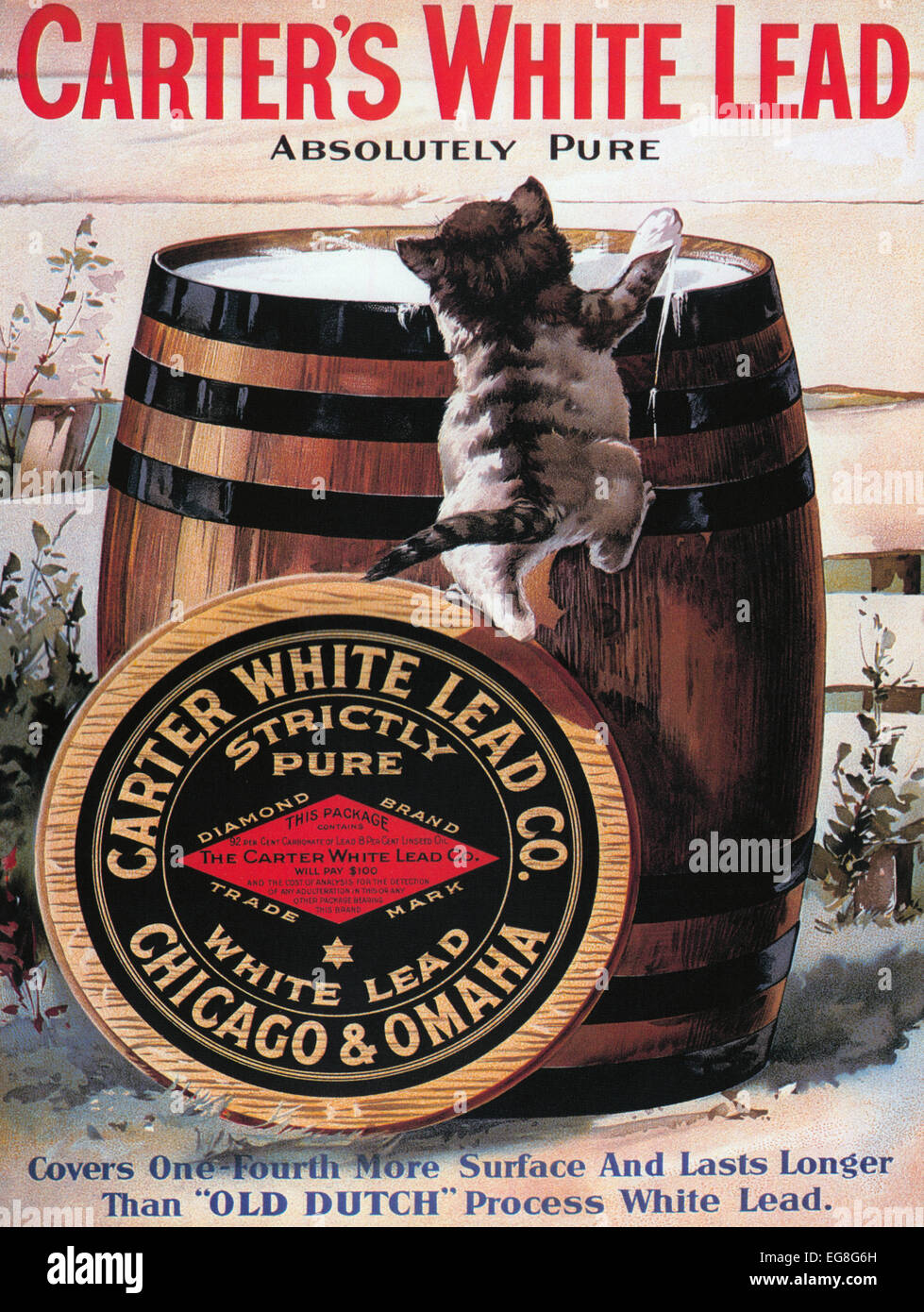 Vintage advertisement for 'Carters White Lead' paint featuring a kitten and a barrel of paint Stock Photo