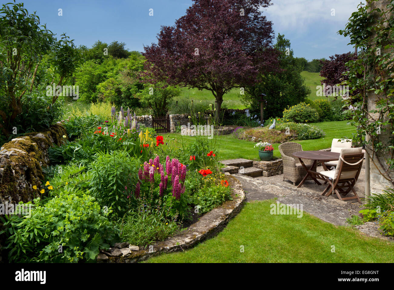 English garden in the summer with seating lawn and flower boarders Stock Photo