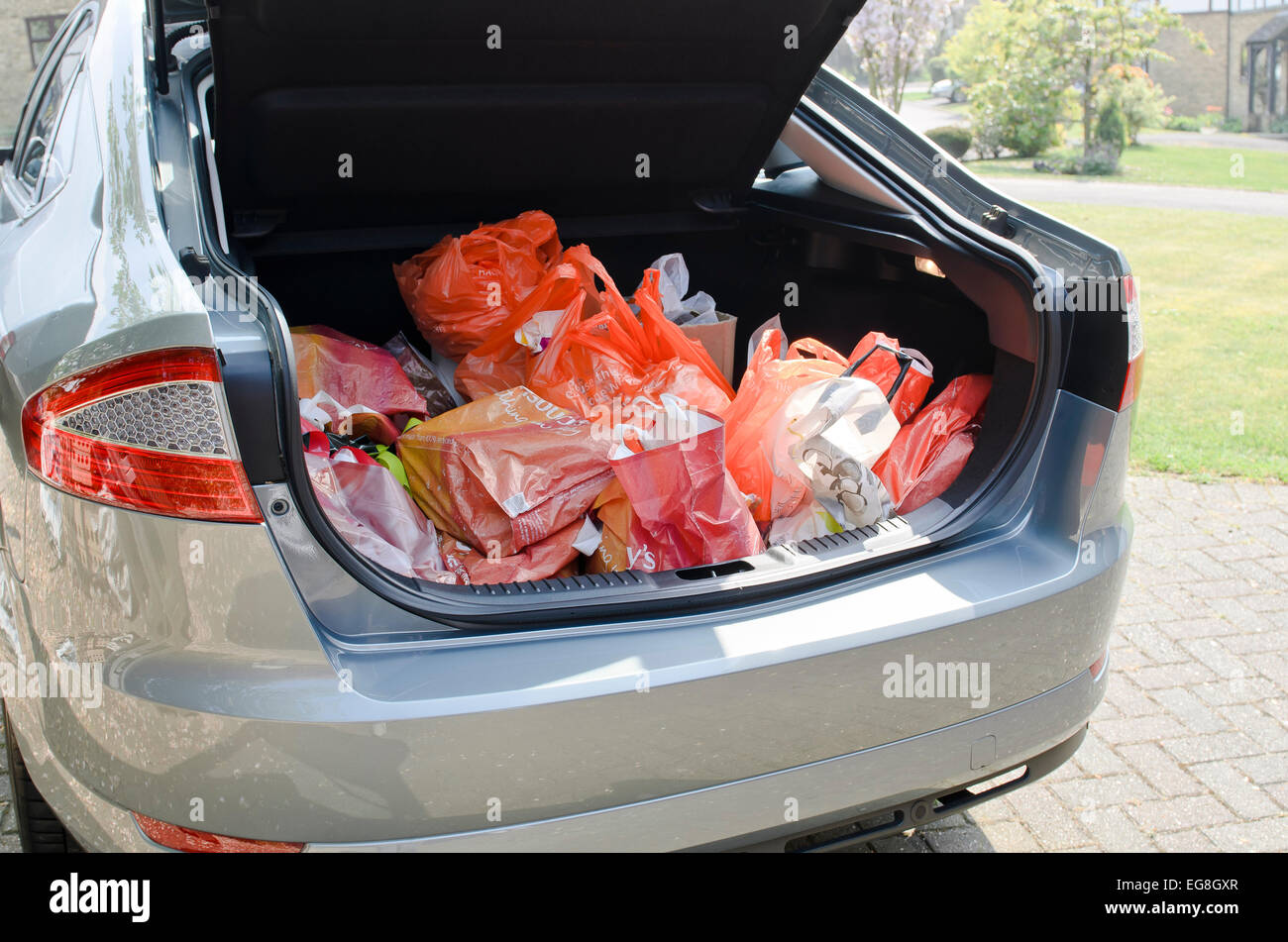car boot / trunk full of grocery shopping Stock Photo Alamy