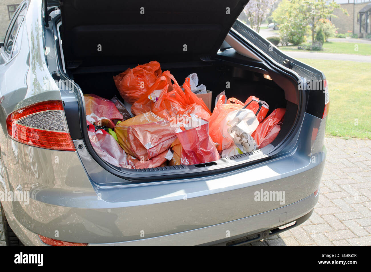car boot / trunk full of grocery shopping Stock Photo