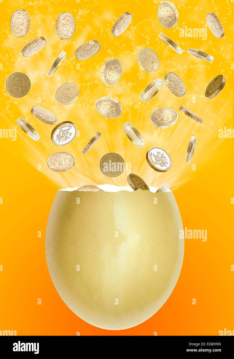 money, pound coins exploding from golden egg. Financial payout jackpot concept. Stock Photo