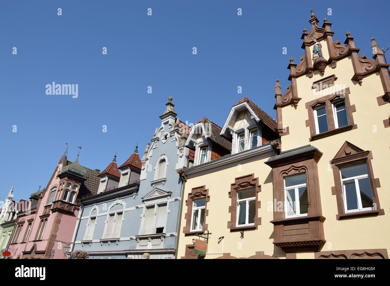Facades, Painted in different colors, of buildings in Zell am Harmersbach a small historic city in Baden-Wurttemberg, Germany Stock Photo