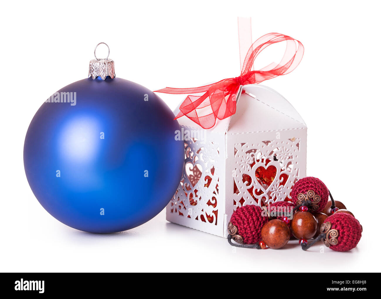 blue Christmas balls gift box Isolated on white background Stock Photo