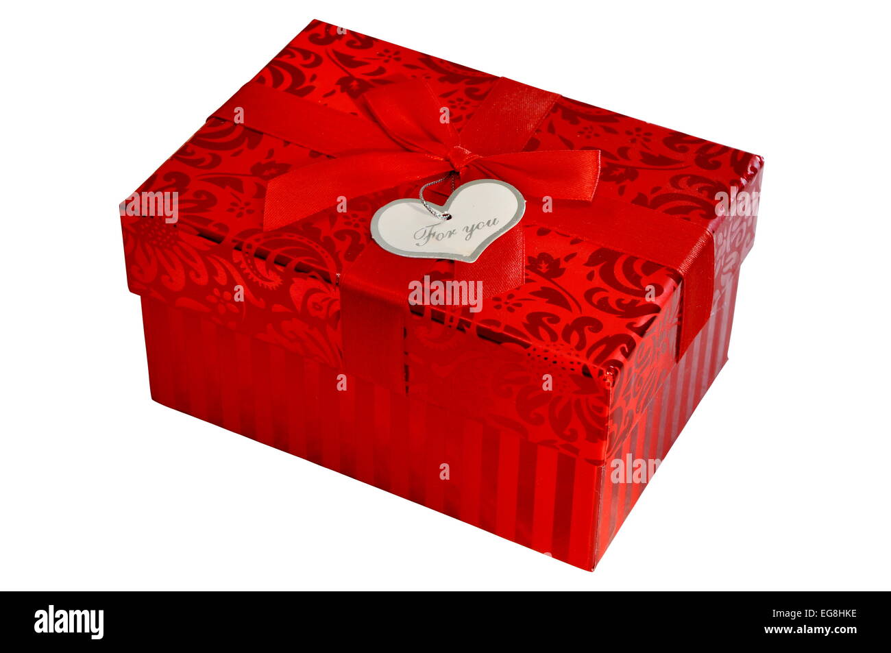 Red gift box with satin ribbon bow and heart shape card isolated Stock ...