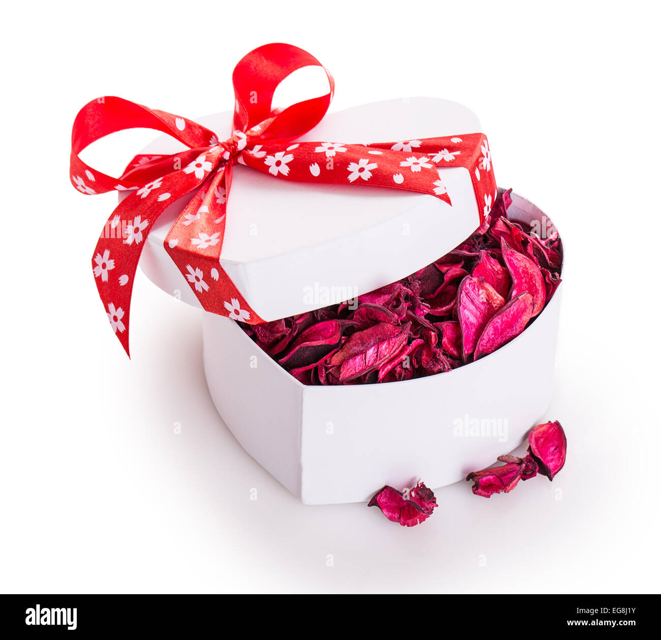 gift box ribbon red heart with flower petals Isolated on white ...