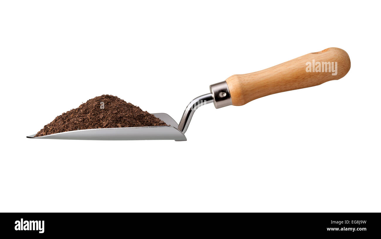 Garden Trowel with Potting Soil isolated on white. Stock Photo