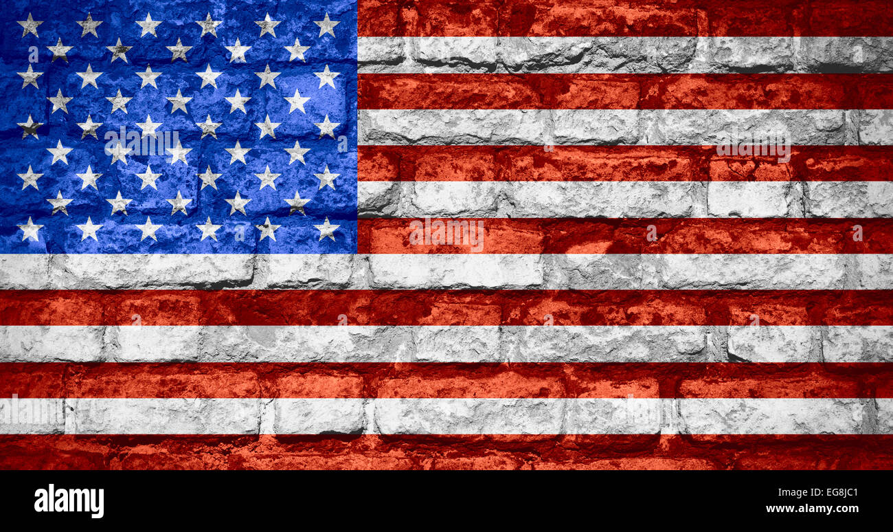 United States of America flag or American banner on brick texture, USA Stock Photo