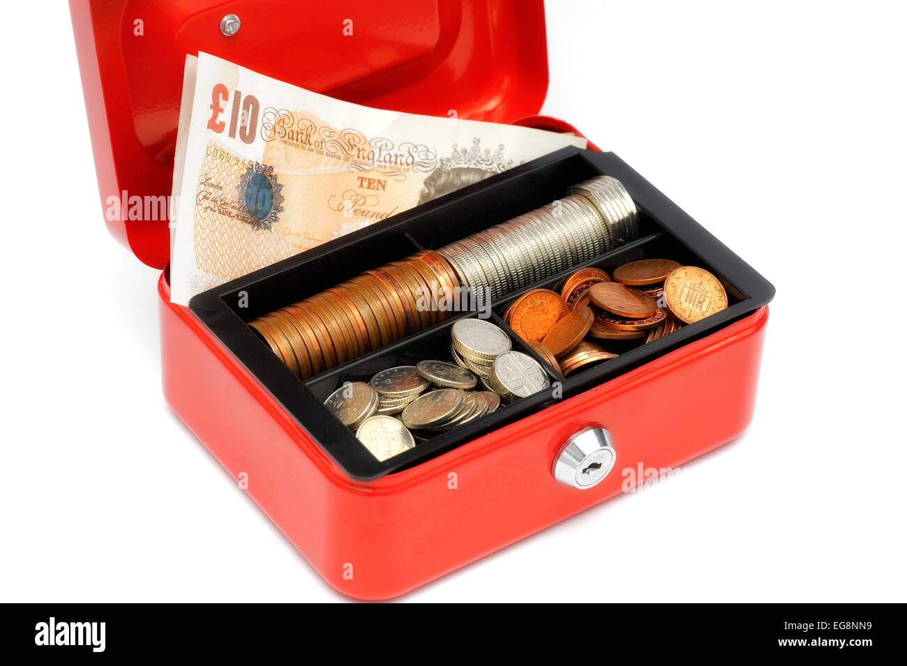 A red petty cash tin with a float of money inside Stock Photo Alamy