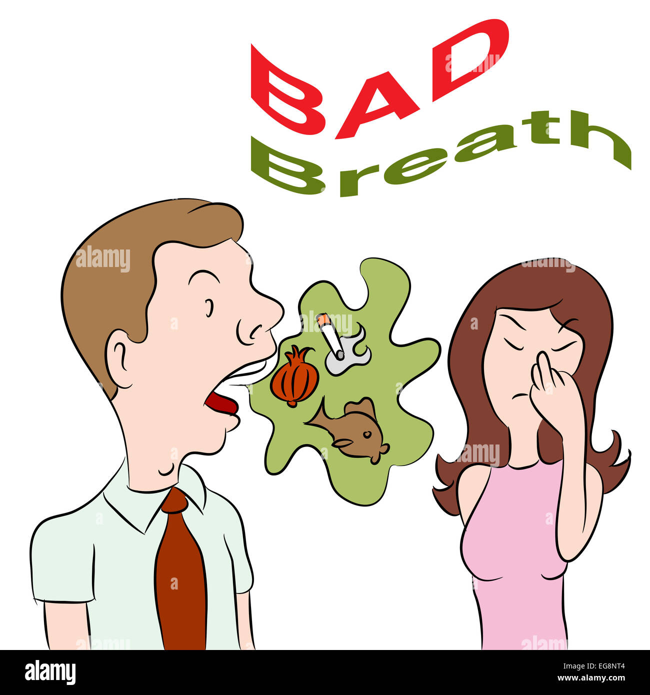 An image of a woman talking to a man with bad breath. Stock Photo