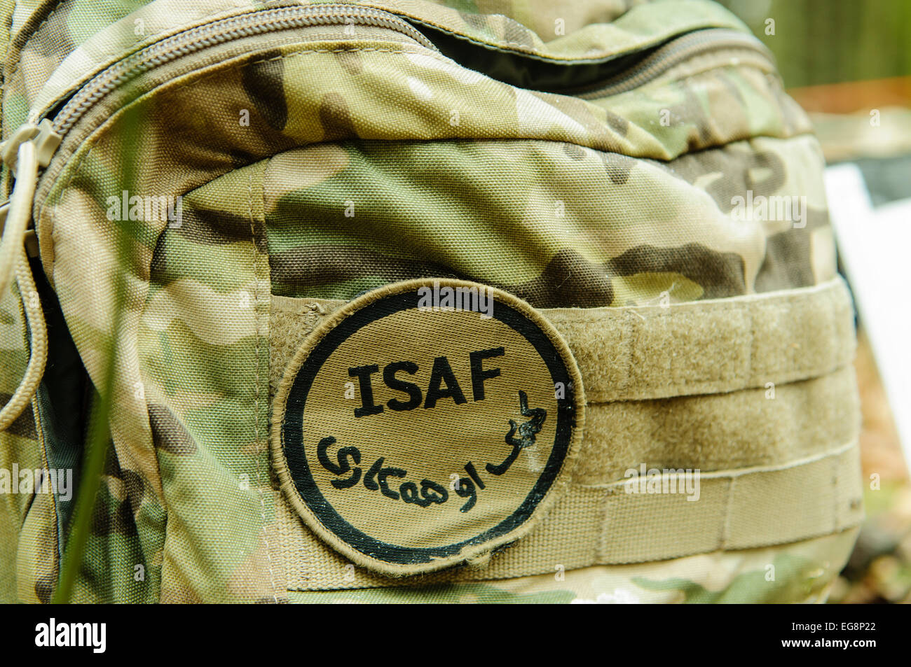 Bangor, Northern Ireland. 18 Feb 2015 - ISAF badge on the bergen of a British soldier Credit:  Stephen Barnes/Alamy Live News Stock Photo