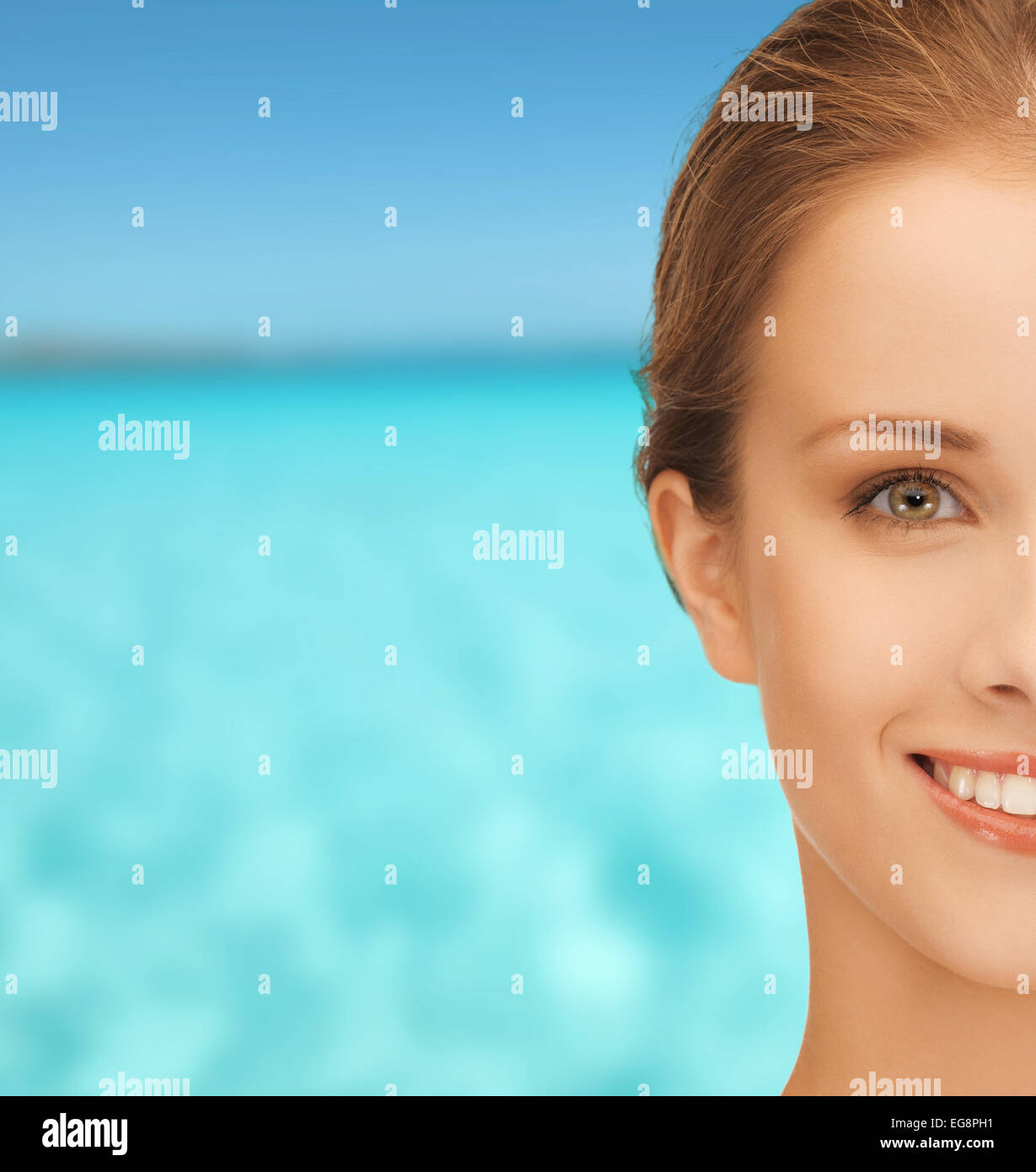 beautiful young woman over blue sky and sea Stock Photo - Alamy
