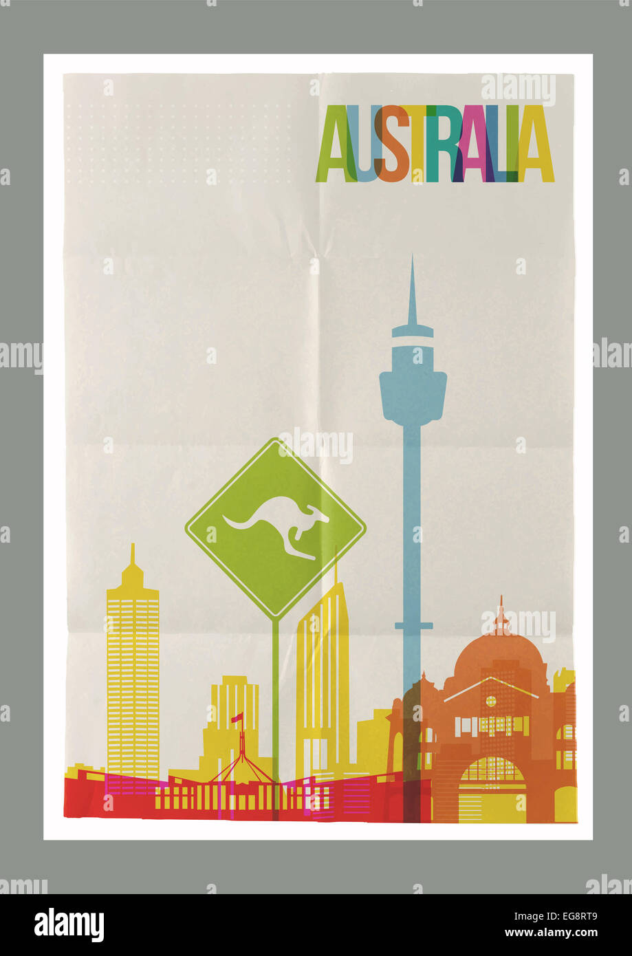 Travel Australia famous landmarks skyline on vintage paper sheet poster design background. Vector organized in layers for easy c Stock Photo