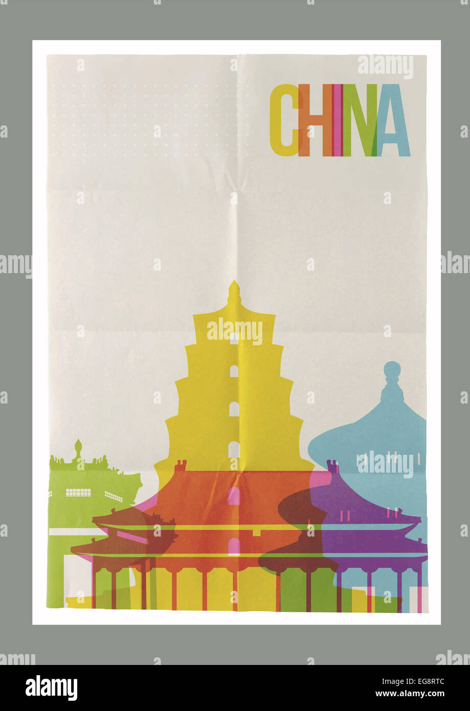 Travel China famous landmarks skyline on vintage paper sheet poster design background. Vector organized in layers for easy creat Stock Photo