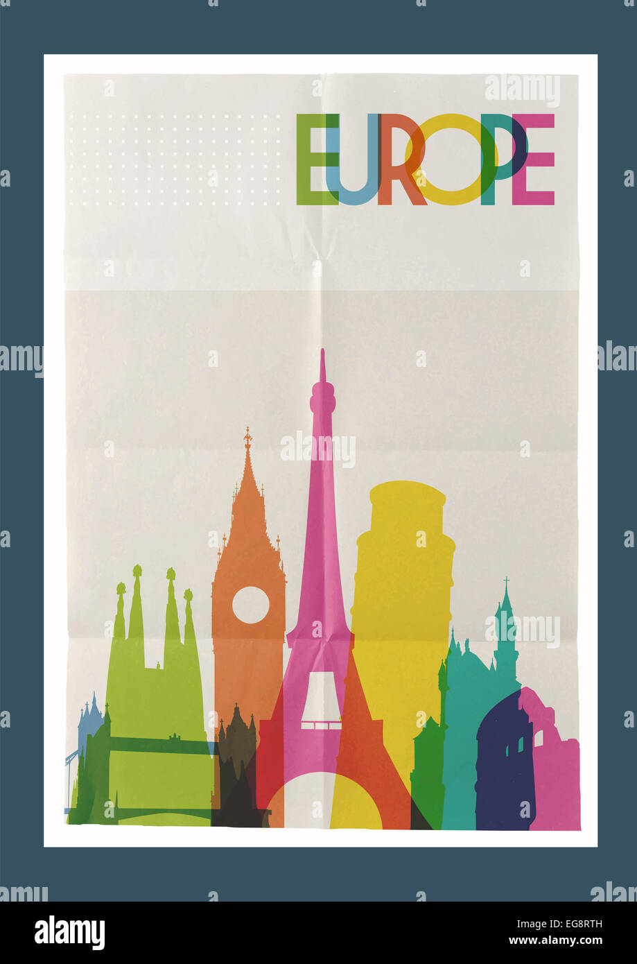 Travel Europe famous landmarks skyline on vintage paper sheet poster design background. Vector organized in layers for easy crea Stock Photo