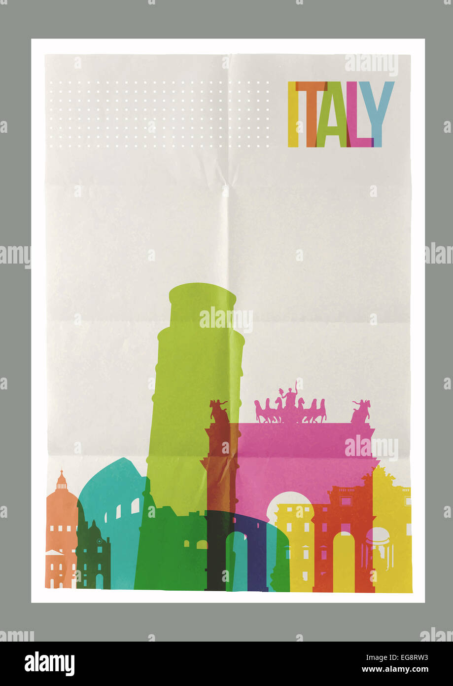 Travel Italy famous landmarks skyline on vintage paper sheet poster