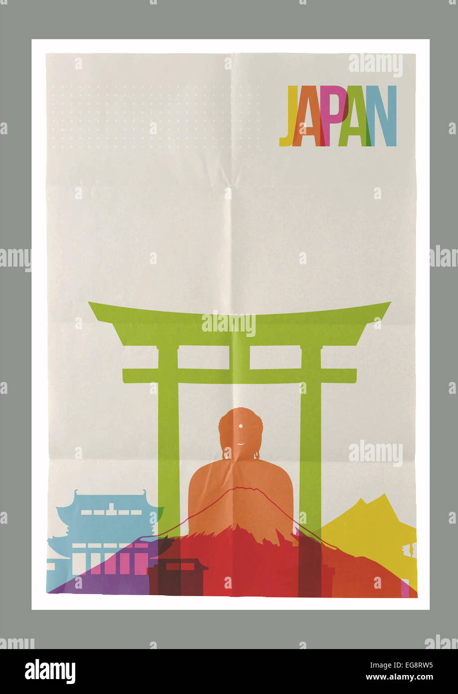 Travel Japan famous landmarks skyline on vintage paper sheet poster