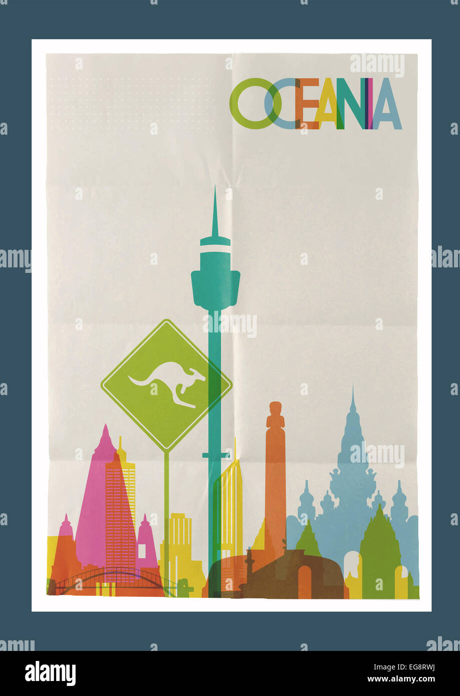 Travel Oceania famous landmarks skyline on vintage paper sheet poster design background. Vector organized in layers for easy cre Stock Photo