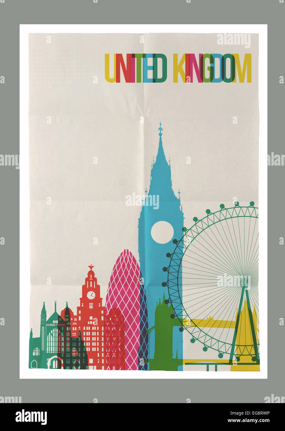 Travel United Kingdom famous landmarks skyline on vintage paper sheet poster design background. Vector organized in layers for e Stock Photo