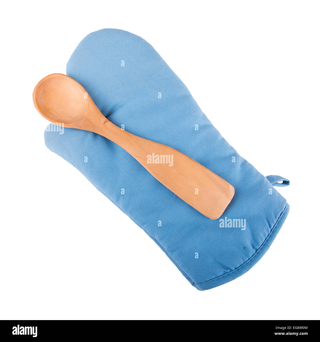 Blue pot holder with a wooden spoon isolated on white Stock Photo