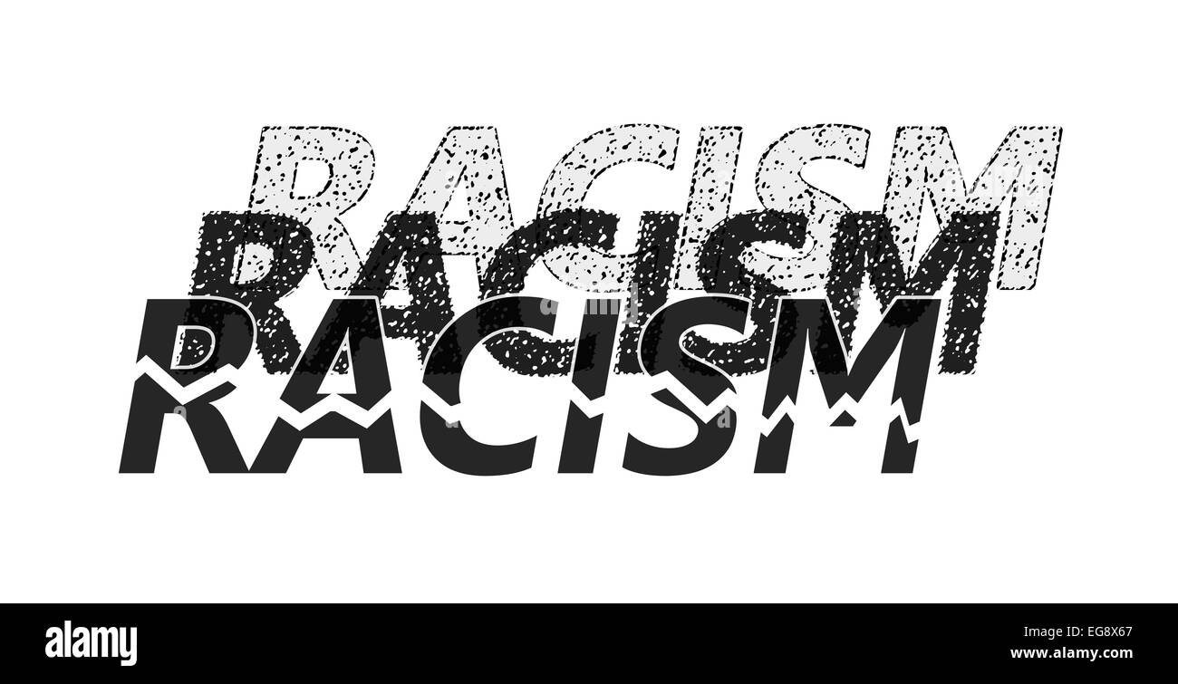 Word racism in different shades, presenting the many levels of it, with one broken in pieces  -concept of ending racism, isolate Stock Photo