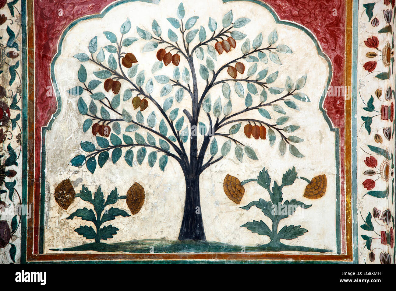 Tree wall decoration, Amber (or Amer) Fort, Jaipur, Rajasthan, India Stock Photo