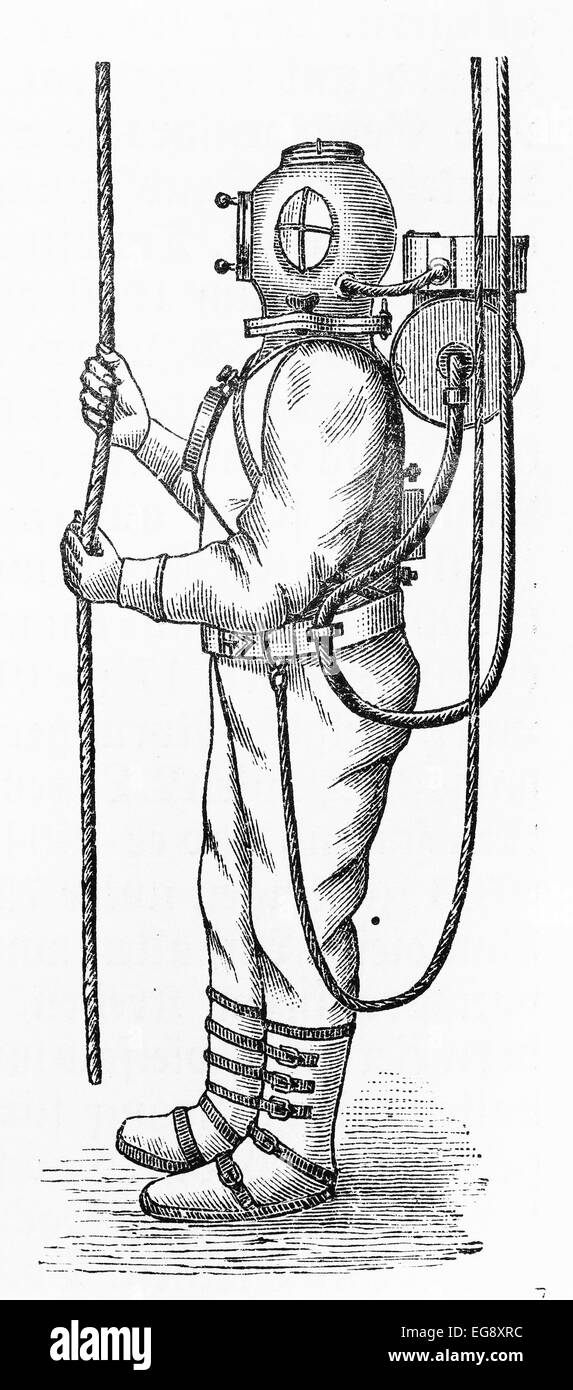 Vintage drawing of a diving suit from the beginning of 20th century Stock Photo