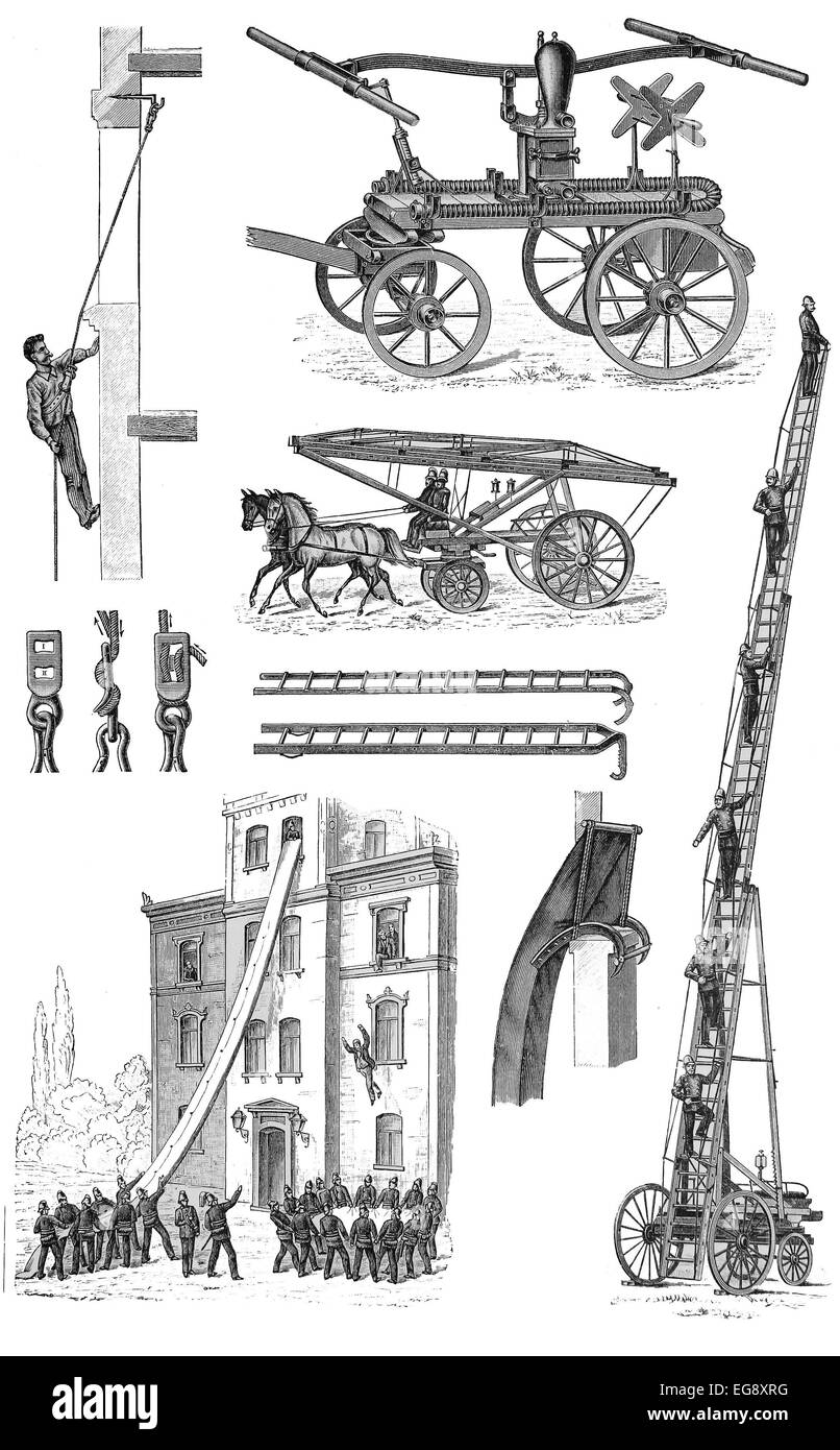 Vintage drawing of firefighting machines and field techniques Stock Photo