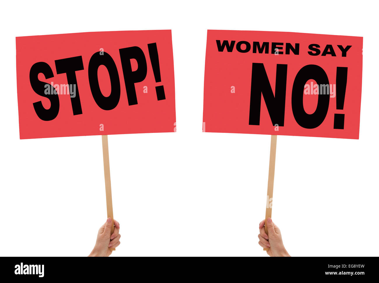Female hands with protest placards Stock Photo
