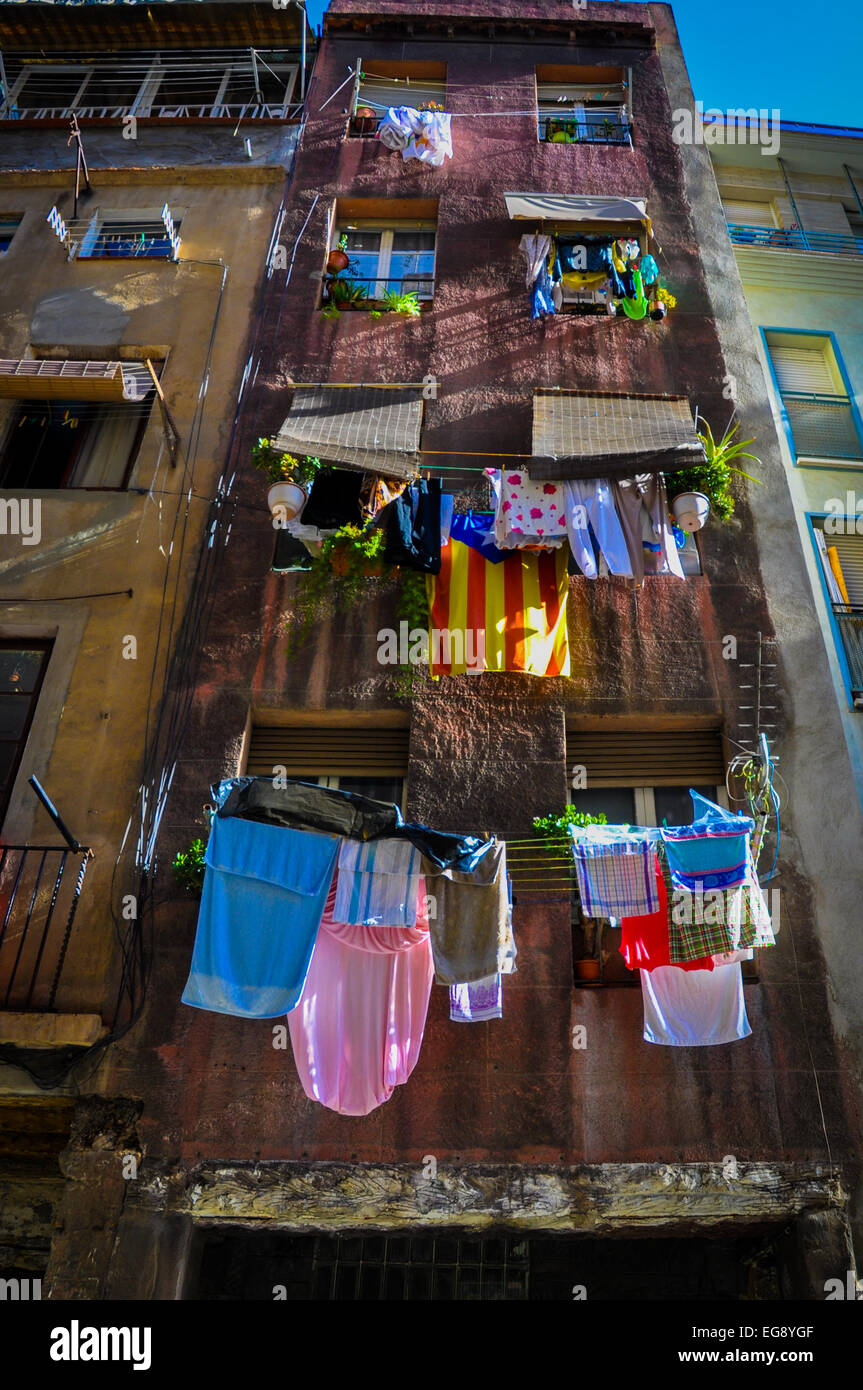 clothes laundry hanging out to dry in Barcelona Spain Stock Photo