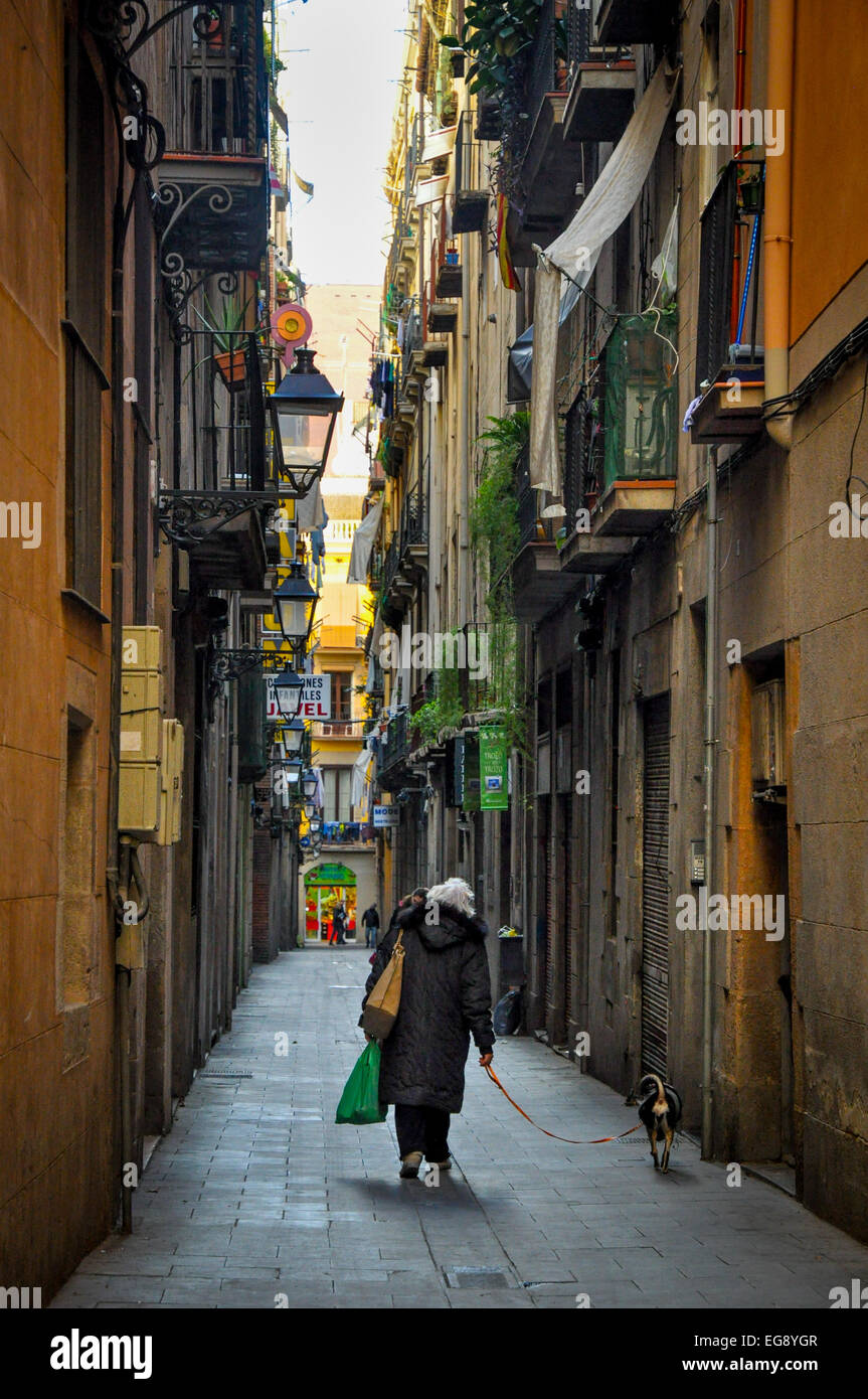 older citizen walking dog in narrow street in Barcelona Spain Stock Photo